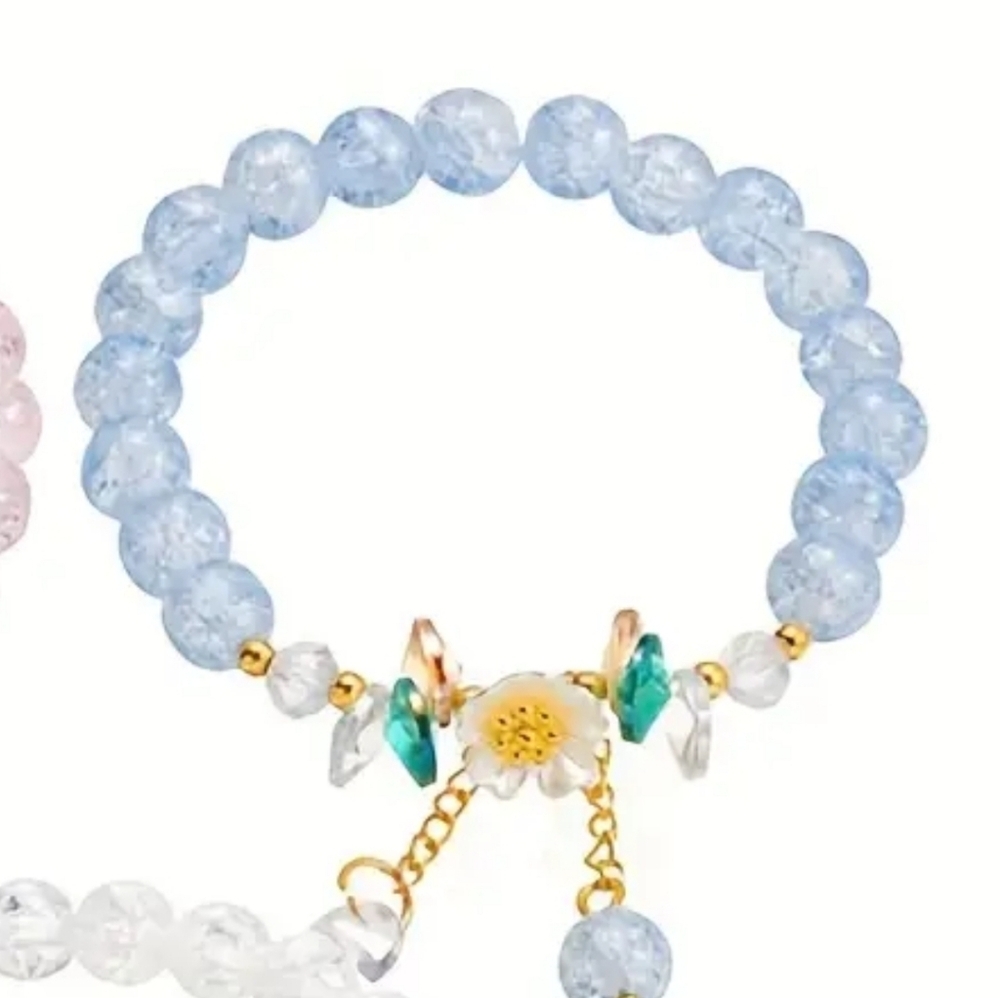 Elegant Crystal Beaded Bracelet with Floral Charm- Blue